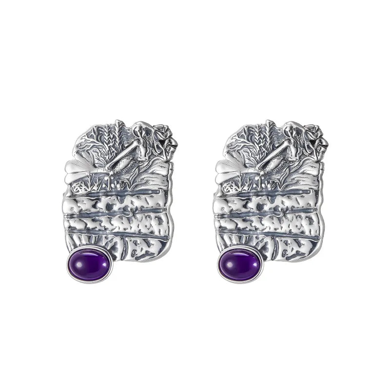 S925 Sterling Silver Stud Earrings for Women Mermaid Retro Texture Geometric Pattern Inlaid Amethyst Ear Stud Jewelry Wholesale