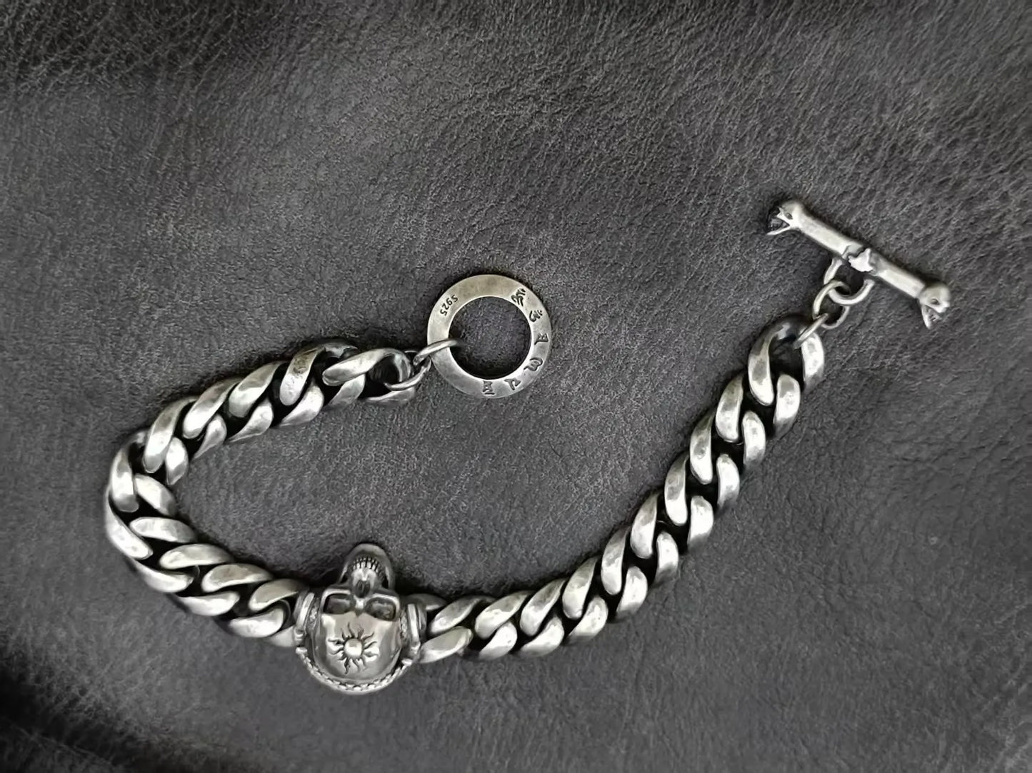 BOCAI Retro Style S925 Sterling Silver with Pattern Trendy Personalized Skull Bracelet for Men
