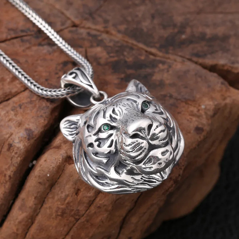 S925 Sterling Silver Charms Pendants for Women Men New Fashion Hollow Retro 3D Tiger Head Zircon Eyes Punk Jewelry Wholesale