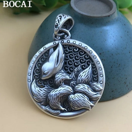 BOCAI Real S999 Pure Silver Nine-Tailed Fox Pendant Vintage Sweater Chain Trendy Woman Pendant Jewelry Accessories