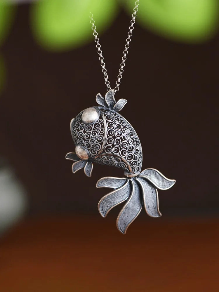 New S925 Silver Retro Vintage Hollowed Out Cute Goldfish Pendant For Ladies Fashionable Lucky Gift