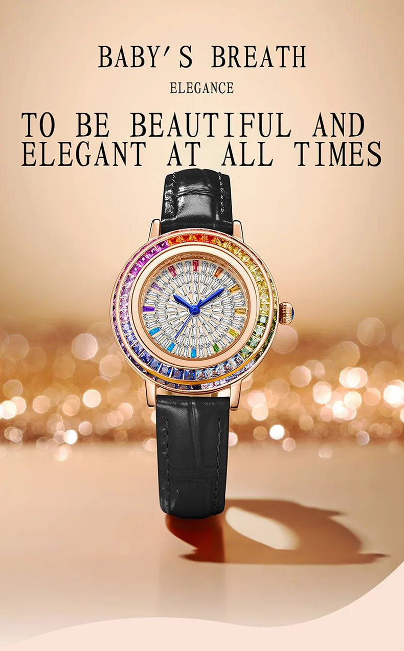 Women Fashion Quartz Watch Light Luxury Brand All Sky Star Leather Strap Diamond Jewelry Crystal Ladies Wristwatches Gift
