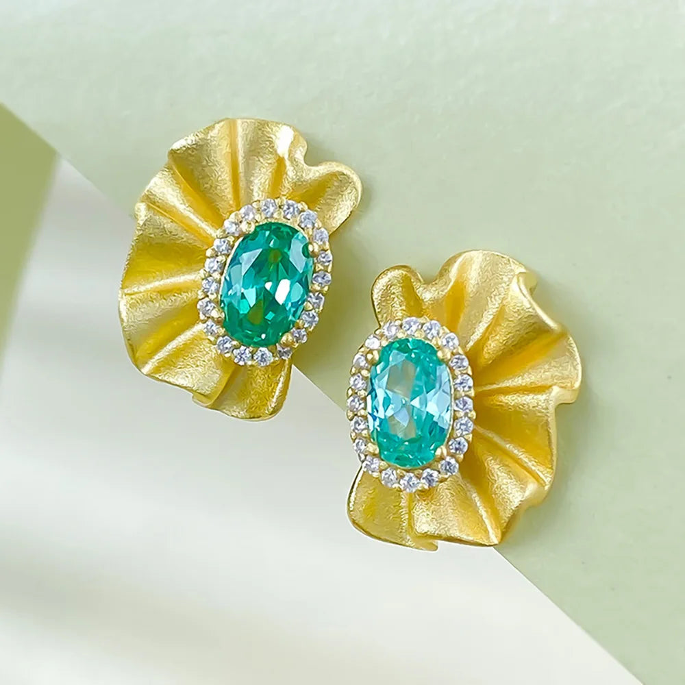 Retro 925 Sterling Silver Stud Earrings for Women with 4*6mm Green Paraiba Tourmaline Gemstone Wedding Party Fine Jewelry Gifts