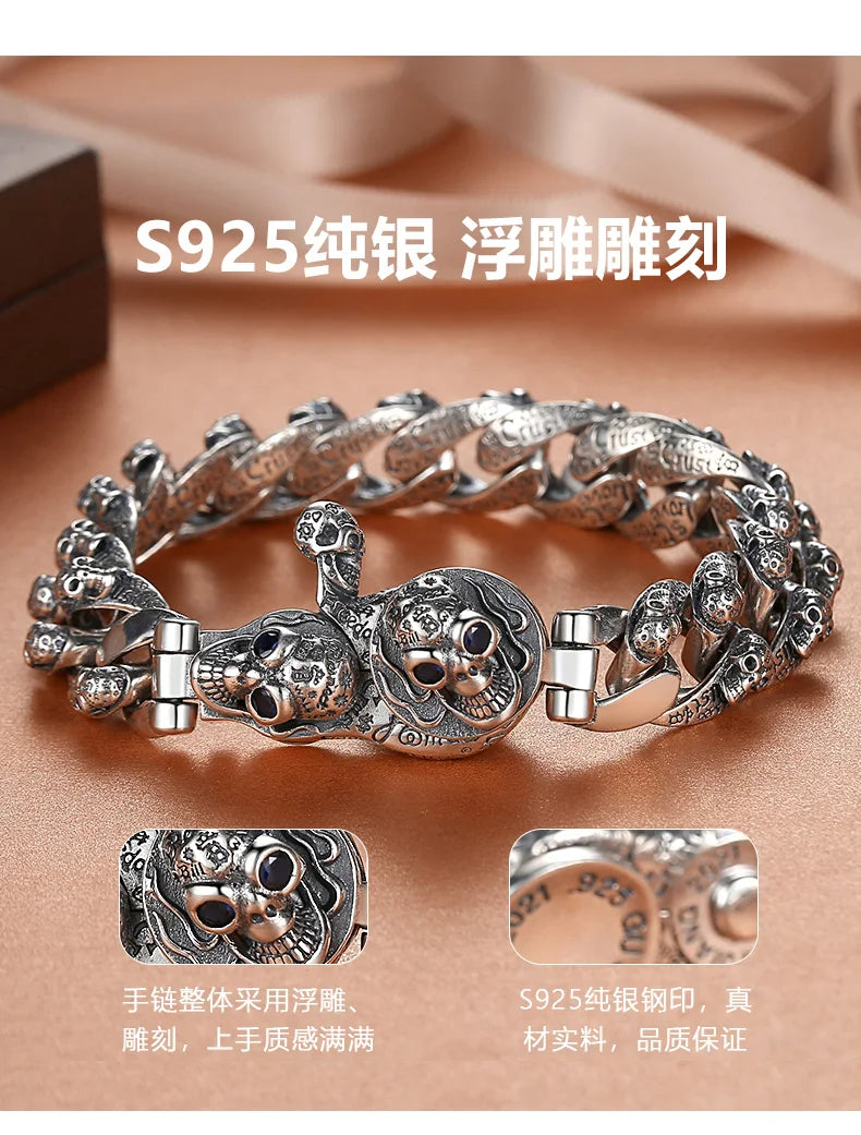 European and American S925 Sterling Silver Retro Skull Bracelet for Men, Trendy Hip-Hop Punk Bold Silver Bangle