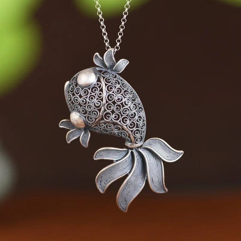 New S925 Silver Retro Vintage Hollowed Out Cute Goldfish Pendant For Ladies Fashionable Lucky Gift