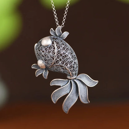 New S925 Silver Retro Vintage Hollowed Out Cute Goldfish Pendant For Ladies Fashionable Lucky Gift
