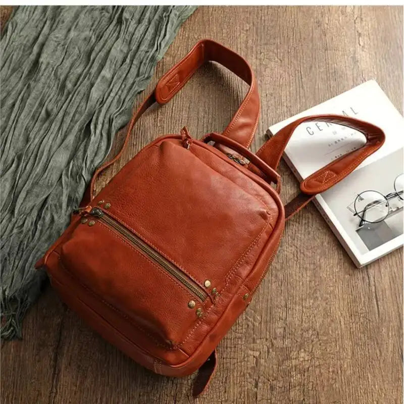 MOTAORA Retro Cowhide Backpack for Women & Men - Luxury Large Capacity Travel Bag with YKK Zippers and Copper Rivet Accents NEW