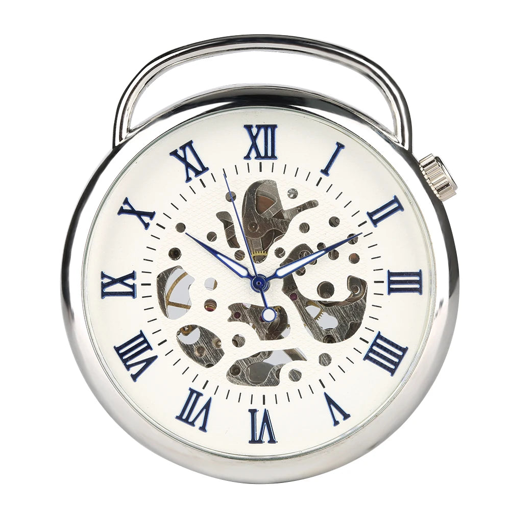 Open Face Blue Roman Numerals Display Mechanical Hand Winding Pocket Watch Silver Transparent Skeleton Pendant Antique Clock