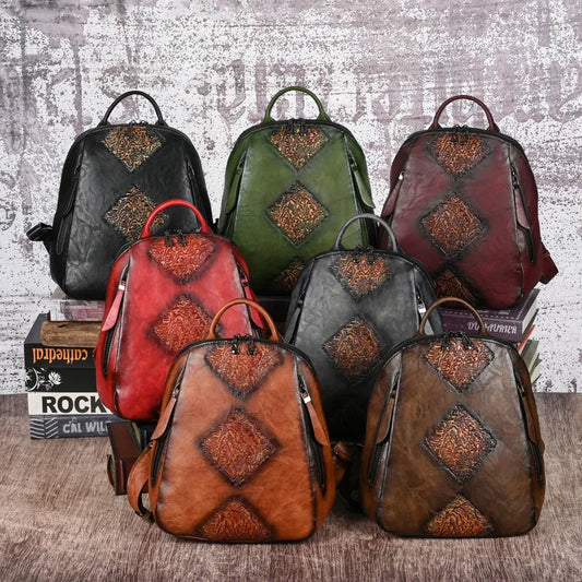 MOTAORA Vintage Anti-Theft Backpack for Women & Girls, Embossed & Color-Washed Leather Travel & School Backpack