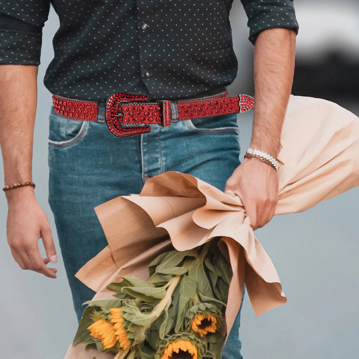 Men's Women's Fashion Sparkle Red Rhinestone Belt Strap Western Cowboy Cowgirl Bling Bling Crystal Studded Belt for Jeans Dress