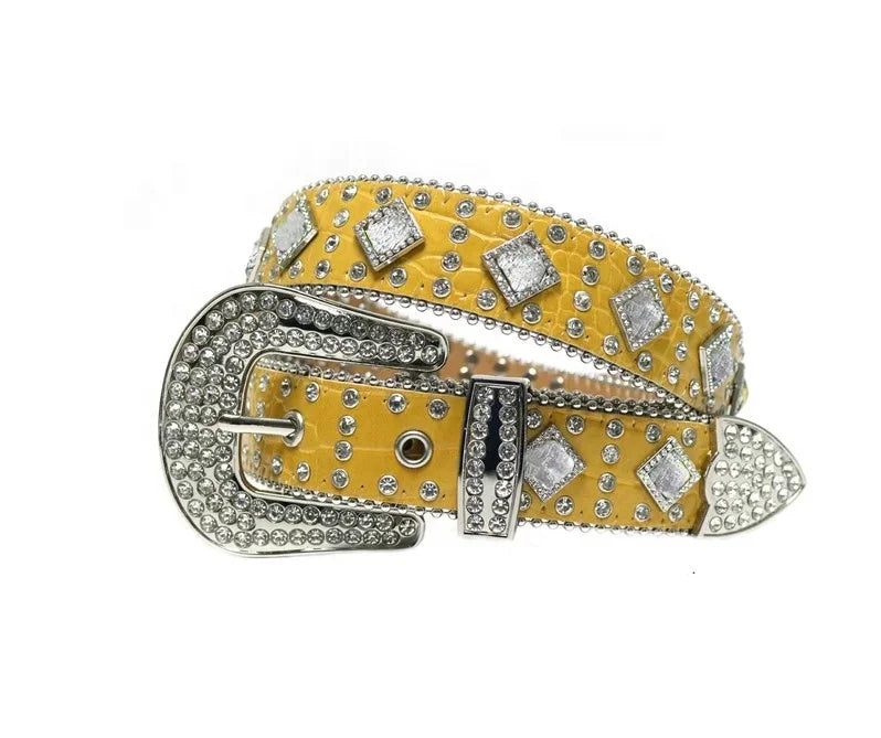 Silver Men Women Unisex Red Big AB Stones Western Cowboy Rhinestone Belt Studded Diamond Punk Belt