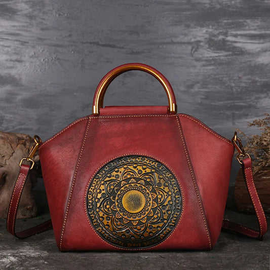 MOTAORA 2025 New Women Genuine Leather Handbags Organizer Retro Vegetable Tanning Leather Vintage Embossing Totem Shoulder Bag