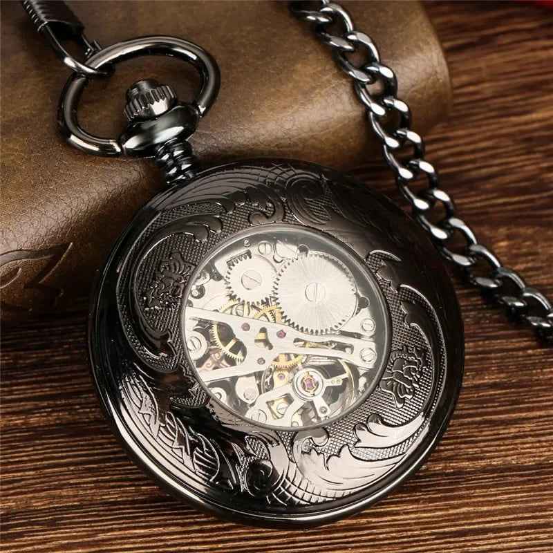 Antique Pocket Watch Hollow Gear Case Men's Hand Winding Mechanical Clock Pendant Chain Luminous Hands Black Timepiece
