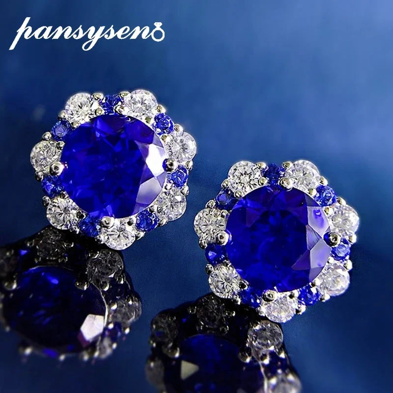 PANSYSEN Vintage 100% 925 Sterling Silver 8MM 2CT Flower Lab Sapphire Diamond Stud Earrings for Women Party Fine Jewelry Gift