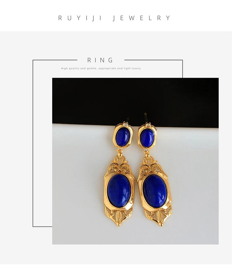 Natural Lapis Lazuli Earrings S925 Sterling Silver Gold-plated Retro French High-end Niche Blue Classical Earrings