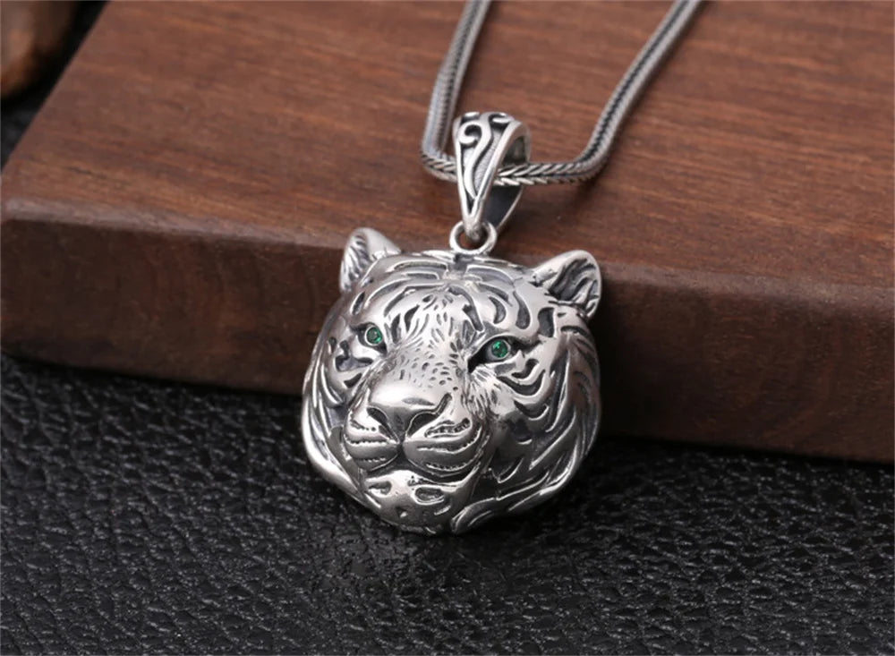 S925 Sterling Silver Charms Pendants for Women Men New Fashion Hollow Retro 3D Tiger Head Zircon Eyes Punk Jewelry Wholesale
