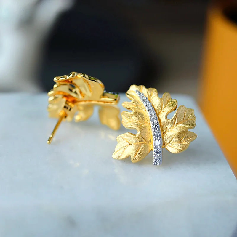 ZOCA Vintage Brushed Craft 925 Sterling Silver Thick Gold Plated Maple Leaf Stud Earrings Elegant Daily Wear Women Gift Jewelry