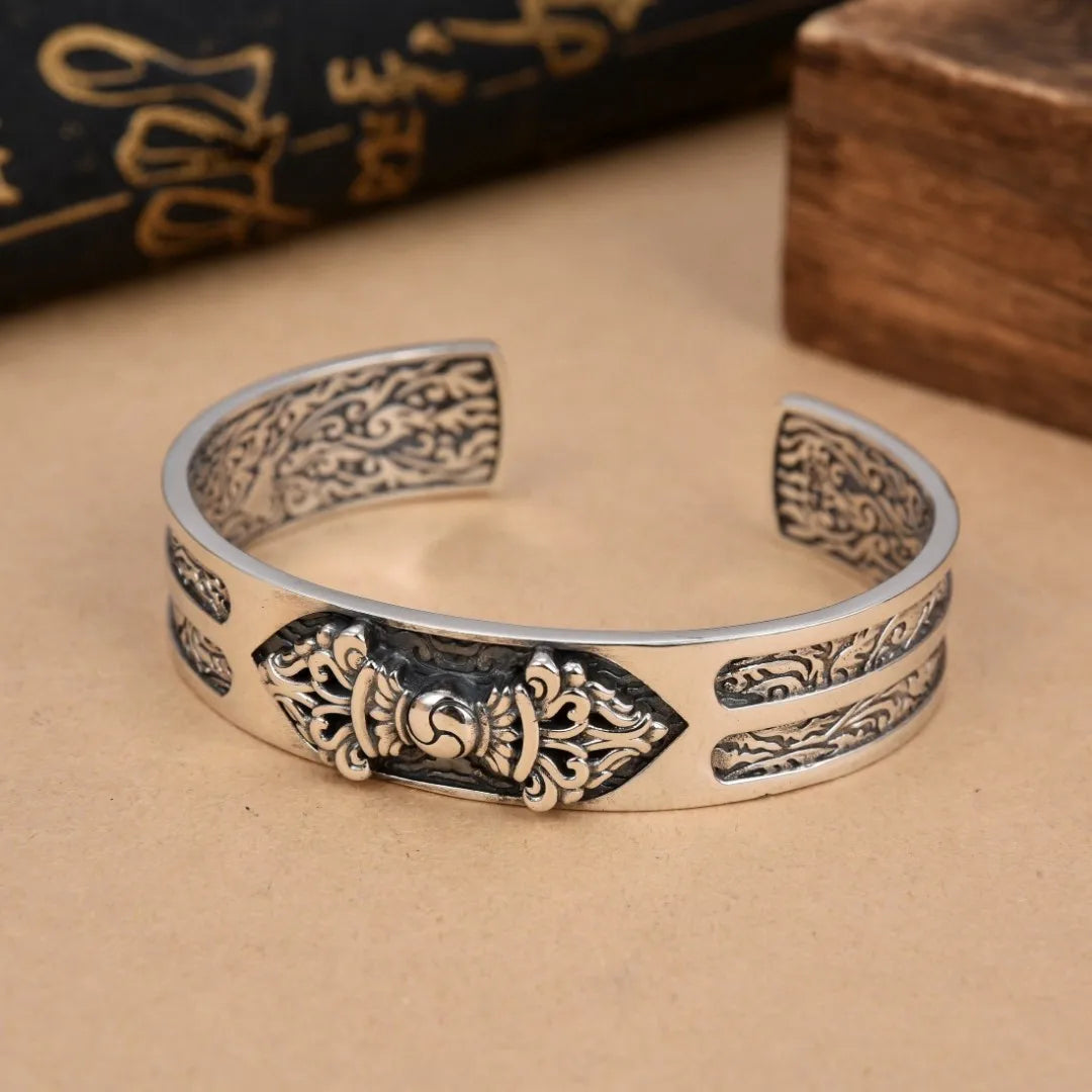 Pure silver diamond pestle bracelet men's retro wide version auspicious cloud bracelet trendy personality wrist accessory