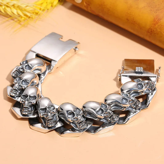 Sterling Silver S925 Dominant Men's Skull Bracelet Personalized European and American Style Thick Bracelet Heavy Industry Trendy