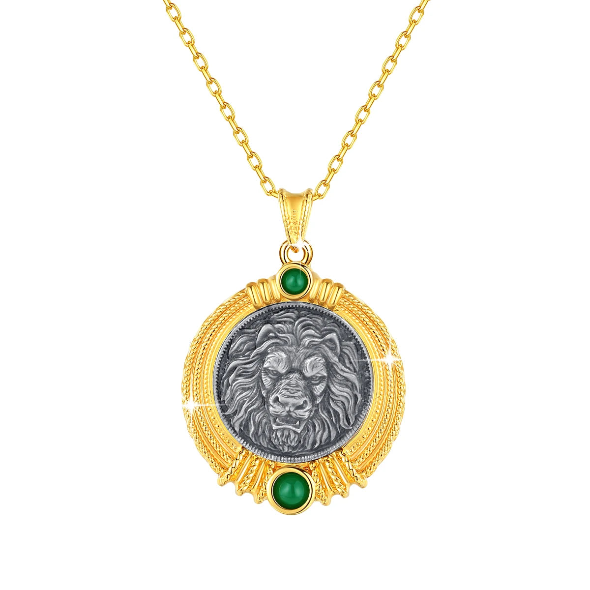 Silver Ancient Coin with Lion's Head 18K Gold Necklace Pendant Fine Sculpture Original Design for Man Women Vintage Jewelry