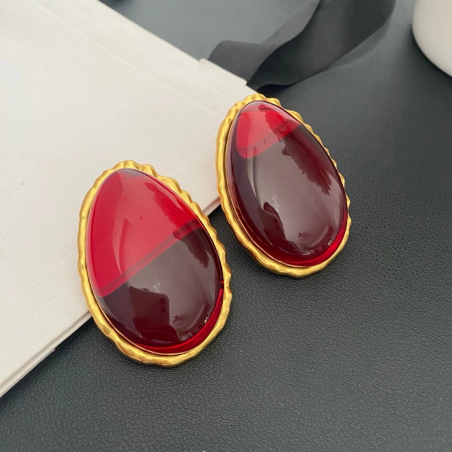 European and American retro geometric elliptical design earrings - red, silver and green resin earrings