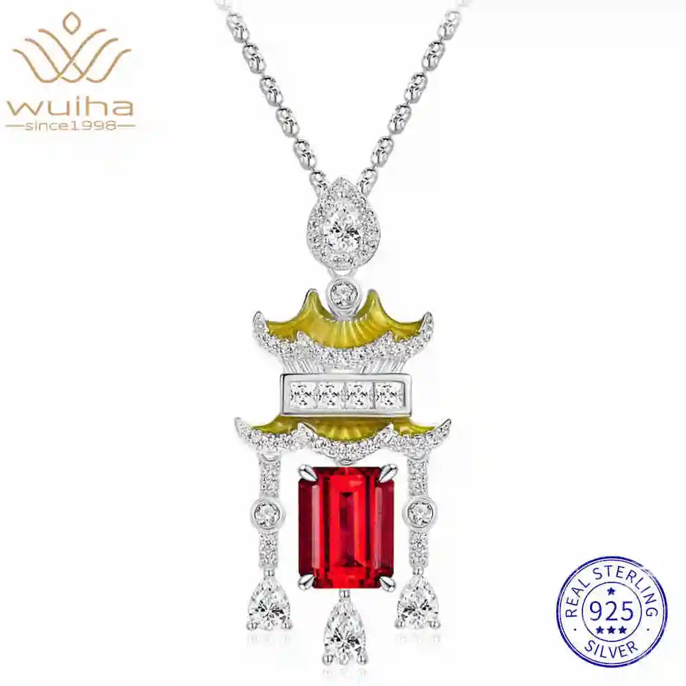 WUIHA Vintage 925 Sterling Silver 7 * 9 MM Lab Sapphire Emerald Ruby High Carbon Diamonds Gemstone Pendant Necklace Fine Jewelry