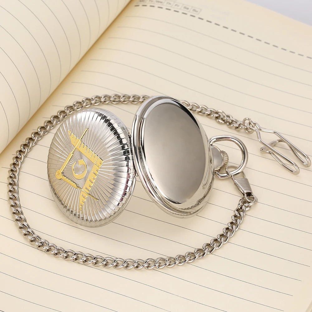 Steampunk Bronze/Gold Freemason Symbol Quartz Pocket Watch Fob Chain Pendant Clock High Grade Antique Pocket Timepiece Gifts