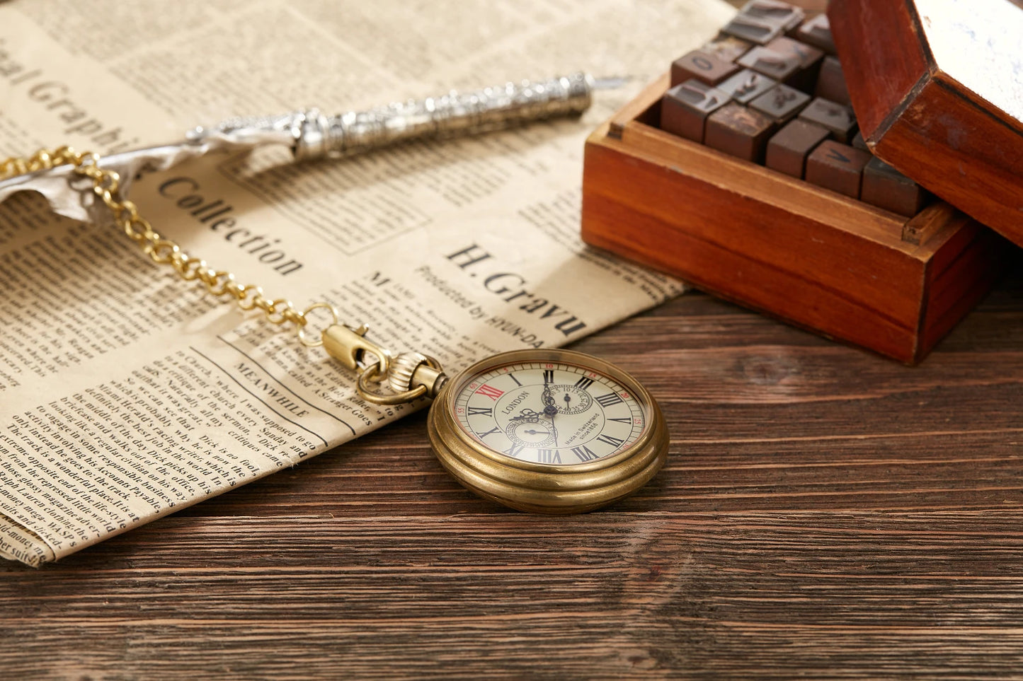 Antique Copper London 1856's Antique 5 Hands Mechanical Pocket & Fob Watches Hand Winding Skeleton Mens Pocket Watch 30Cm Chain