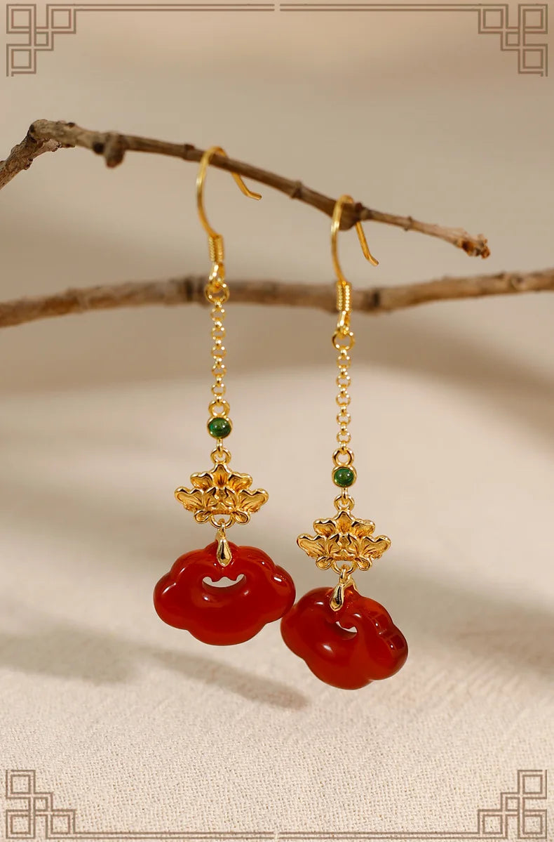 Red Agate Silver Plated Small Flower Good Luck Longevity Lock Agate Earrings Vintage Style for Cheongsam Hanfu Retro Aesthetic