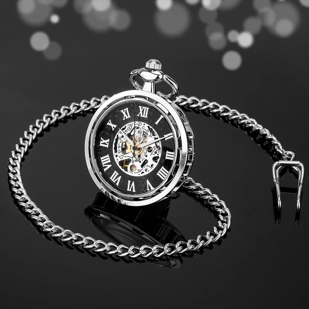 Open Face Roman Numerals Display Mechanical Hand Winding Pocket Watch Elegant Fashion Antique Manual Pocket Clock Gift for Male