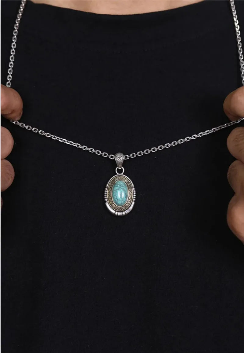 Necklace Pendant Real 925 Sterling Silver Big Natural Turquoise Indian Style Luxury Brand Fine Jewellery Woman Man 2025 Gift P16