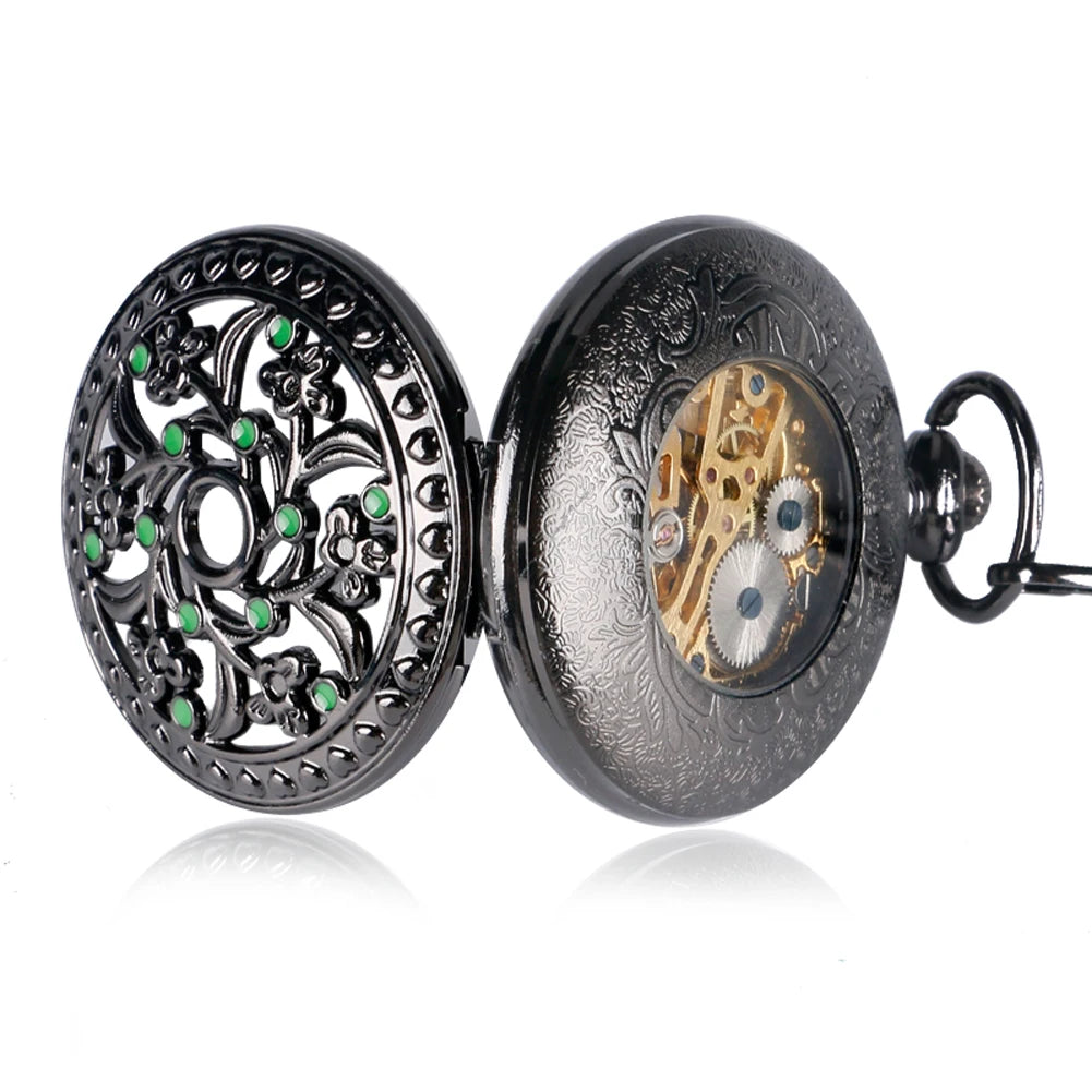 Men's Black Flower Green Dots Decor Mechanical Hand Winding Pocket Watch 30 cm Fob Chain Pendant Timepiece Antique Stylish Gift