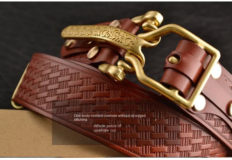 Cavalry genuine copper buckle belt, hand strap Cavalry men's casual pants belt 100% cowhide genuine leather men's denim belt