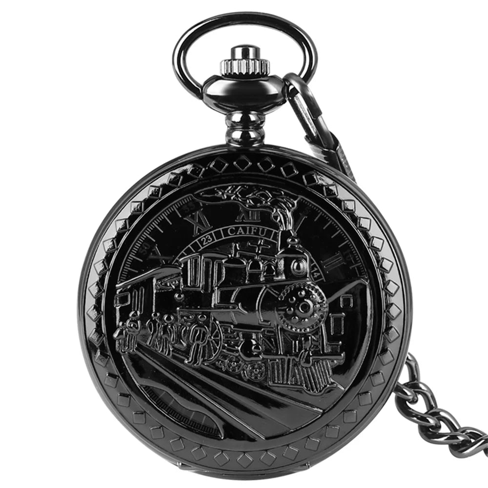 Steampunk Vintage Train Pattern Mechanical Hand-wind Pocket Watch Red Copper Pendant Antique Clock Manual Mechanism Timepiece