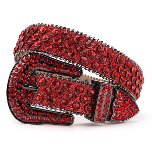 Men's Women's Fashion Sparkle Red Rhinestone Belt Strap Western Cowboy Cowgirl Bling Bling Crystal Studded Belt for Jeans Dress