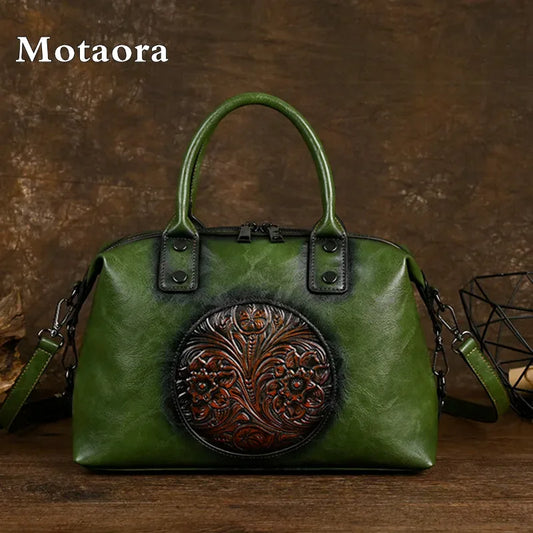 MOTAORA Vintage Leather Crossbody Bag Women's Embossed Handmade Tote Shoulder Bag Large Capacity Anti-Theft Purse