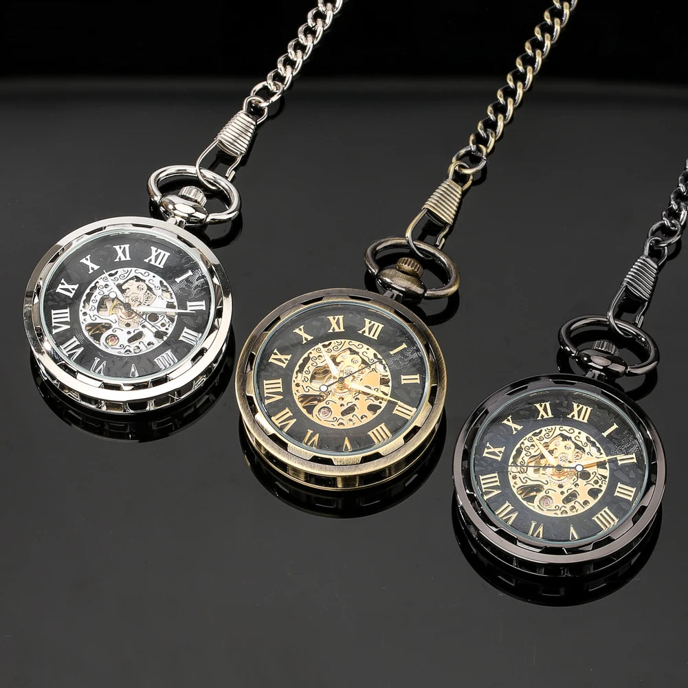 Open Face Roman Numerals Display Mechanical Hand Winding Pocket Watch Elegant Fashion Antique Manual Pocket Clock Gift for Male