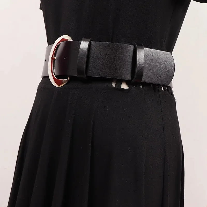 Women's Runway Fashion Black Metal Buckle Genuine Leather cummerbunds Female Dress Corsets Waistband Belts Decoration Wide Belt