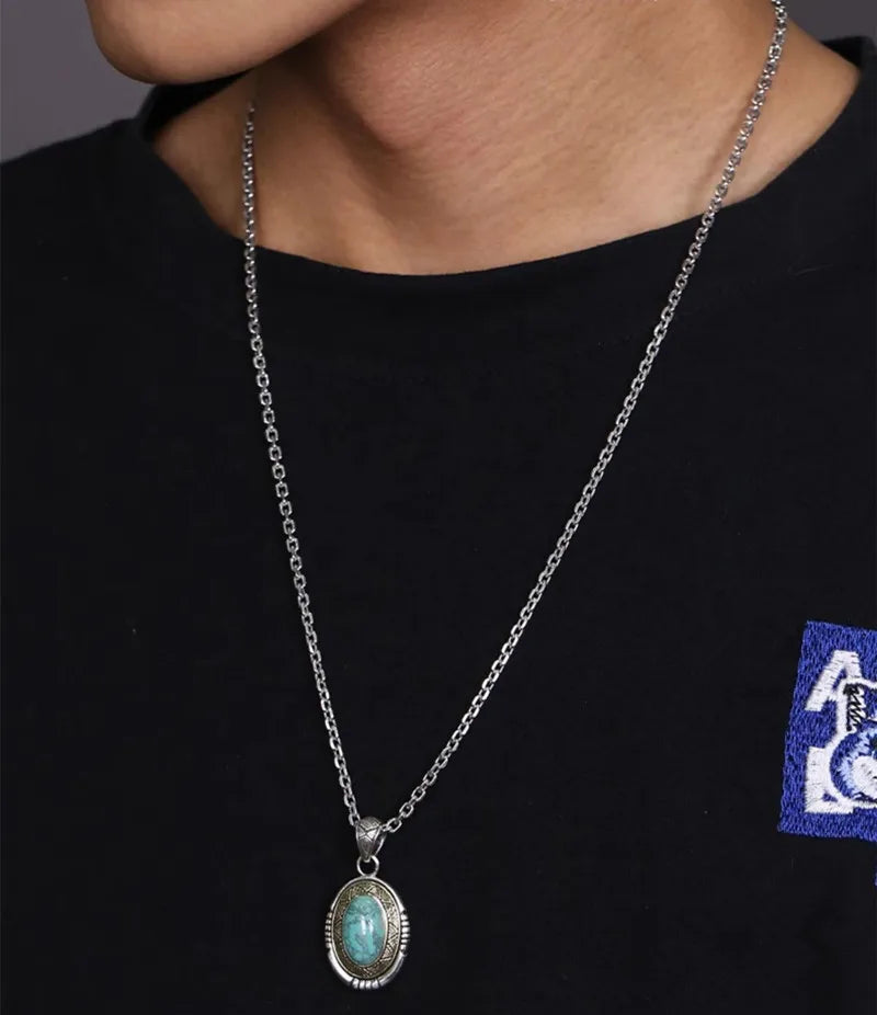 Necklace Pendant Real 925 Sterling Silver Big Natural Turquoise Indian Style Luxury Brand Fine Jewellery Woman Man 2025 Gift P16