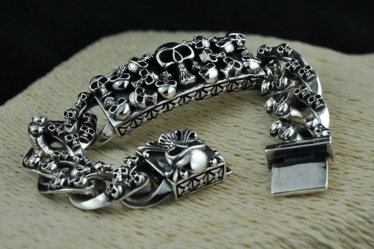 Unibabe Pure Silver Sterling 925 Silver Vintage Skull Carved Chain & Link Lock S925 Bracelet