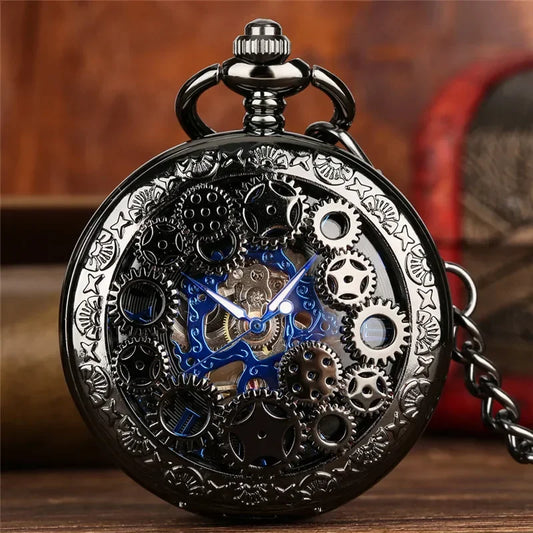 Antique Pocket Watch Hollow Gear Case Men's Hand Winding Mechanical Clock Pendant Chain Luminous Hands Black Timepiece