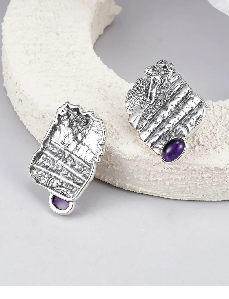 S925 Sterling Silver Stud Earrings for Women Mermaid Retro Texture Geometric Pattern Inlaid Amethyst Ear Stud Jewelry Wholesale