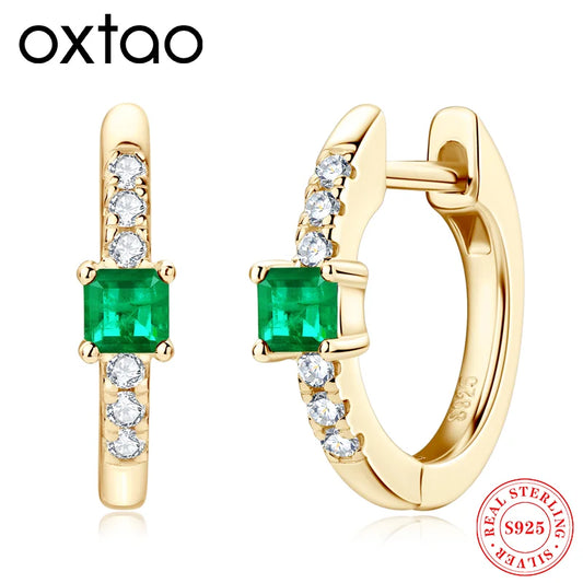 925 Sterling Silver Plated 14K Gold Ladies Hoop Earring 3x3mm Square Artificial Emerald Vintage Earrings for Women Jewelry Gift