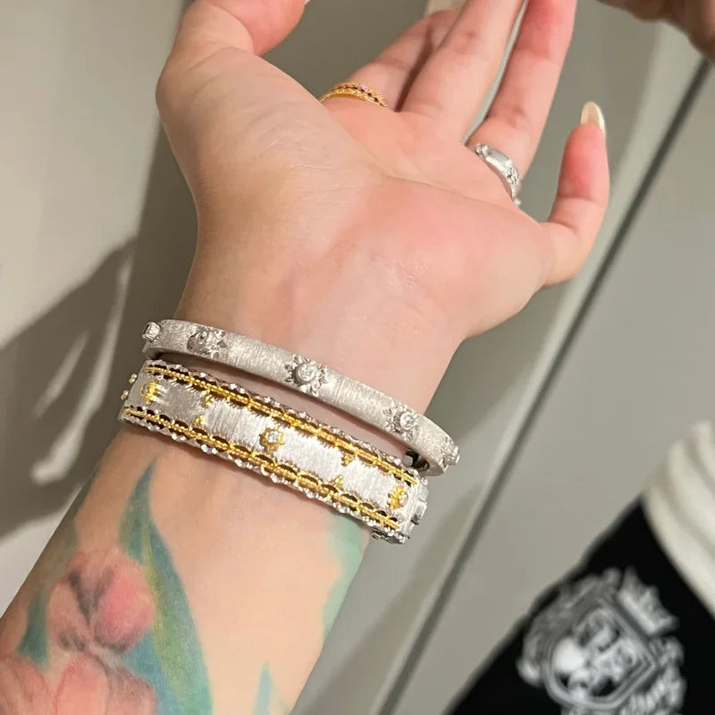 BELLUX 925 Silver Synthetic Zircon Bracelet Wide Edition Gold Sunflower Brushed Light Luxury Vintage Bangle