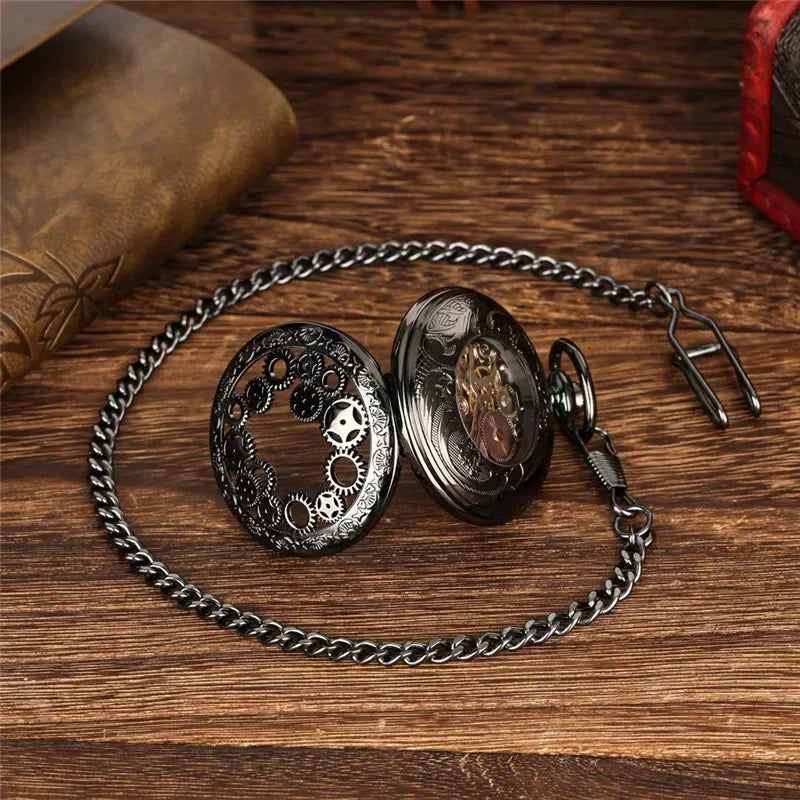 Antique Pocket Watch Hollow Gear Case Men's Hand Winding Mechanical Clock Pendant Chain Luminous Hands Black Timepiece