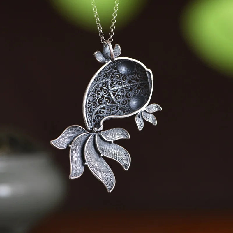 New S925 Silver Retro Vintage Hollowed Out Cute Goldfish Pendant For Ladies Fashionable Lucky Gift