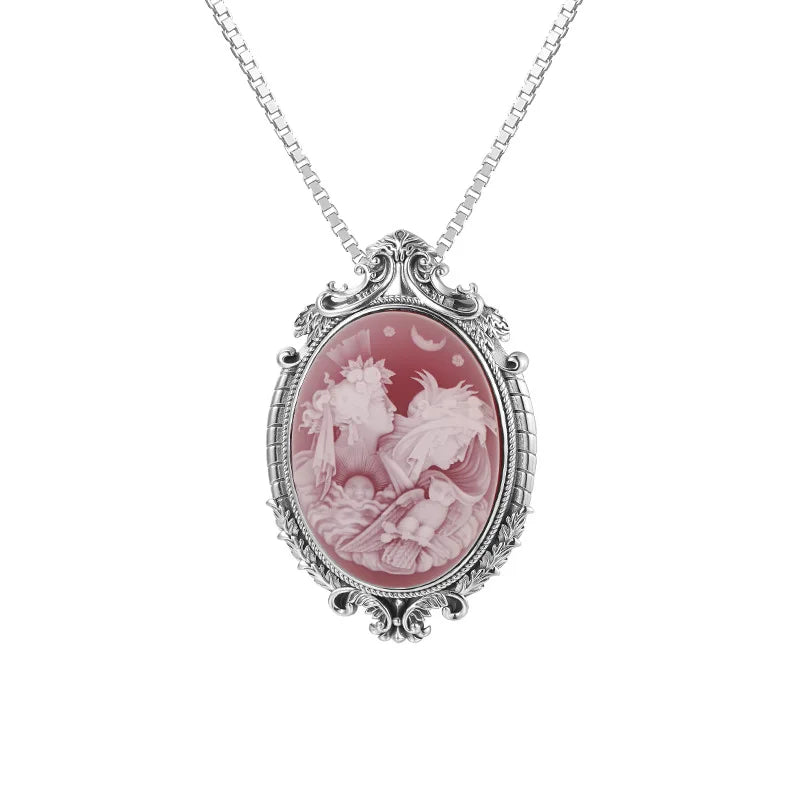 S925 Sterling Silver Charms Pendant for Women Palace Style Pattern Inlaid Red Agate Goddess Head Sculpture Jewelry Wholesale