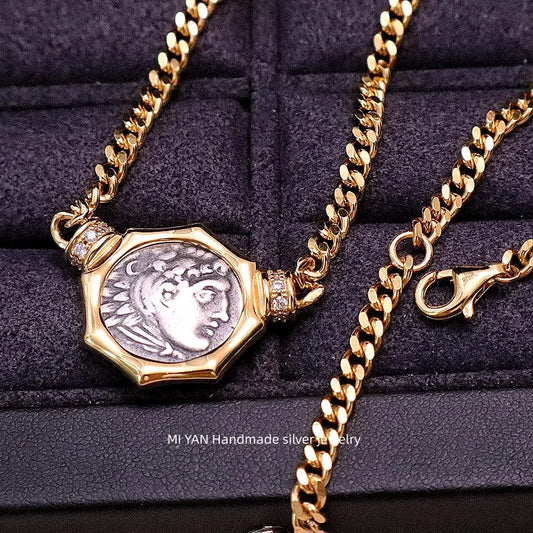 Ancient Greek Hercules Coin Necklace, Vintage Portrait Relief Antique-style Vintage Necklace for Women, Design-forward.