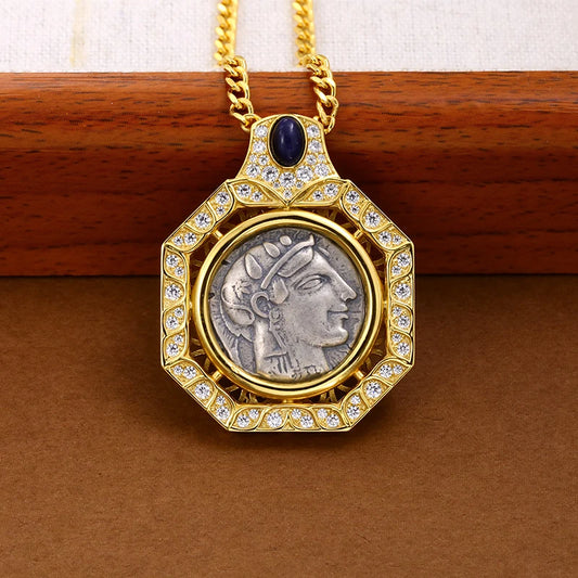 Vintage-style Women's Necklace – New Design Sterling Silver Gold-Plated Cuban Chain with Ancient Coin & Athena Embossed