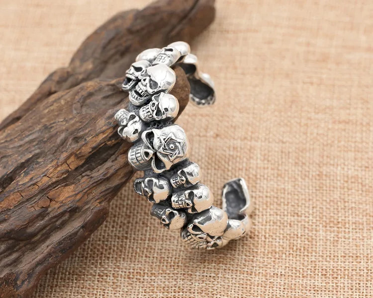 S925 sterling silver jewelry retro thai silver domineering men skull trendy punk style open bracelet